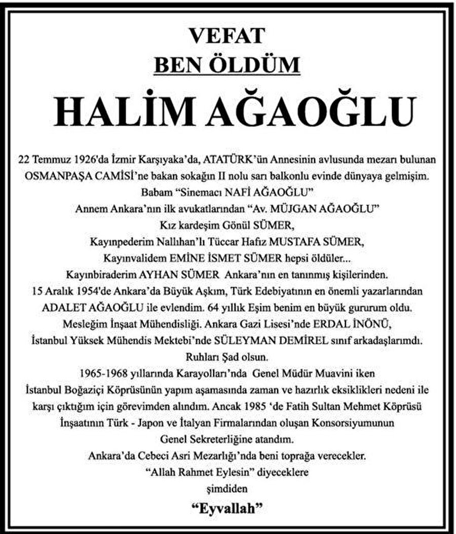 Halim Ağaoğlu'nun vefat ilanı