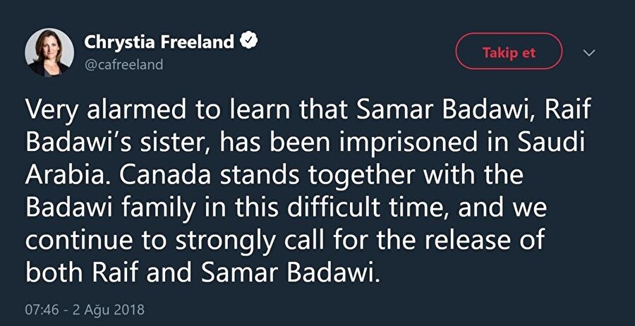 Kanada Dışişleri Bakanı Freeland’ın attığı tweet.