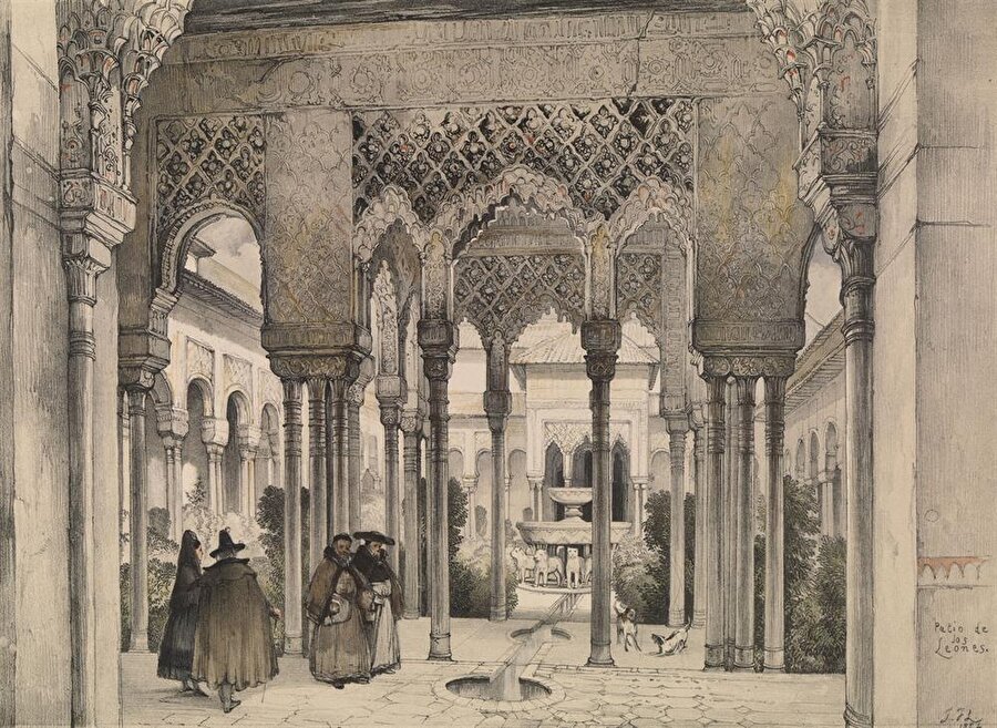 Elhamra sarayını ziyaret eden John Frederick Lewis, sarayı konu alan ayrıntılı eskizlerini kitaplaştırarak neşretti.