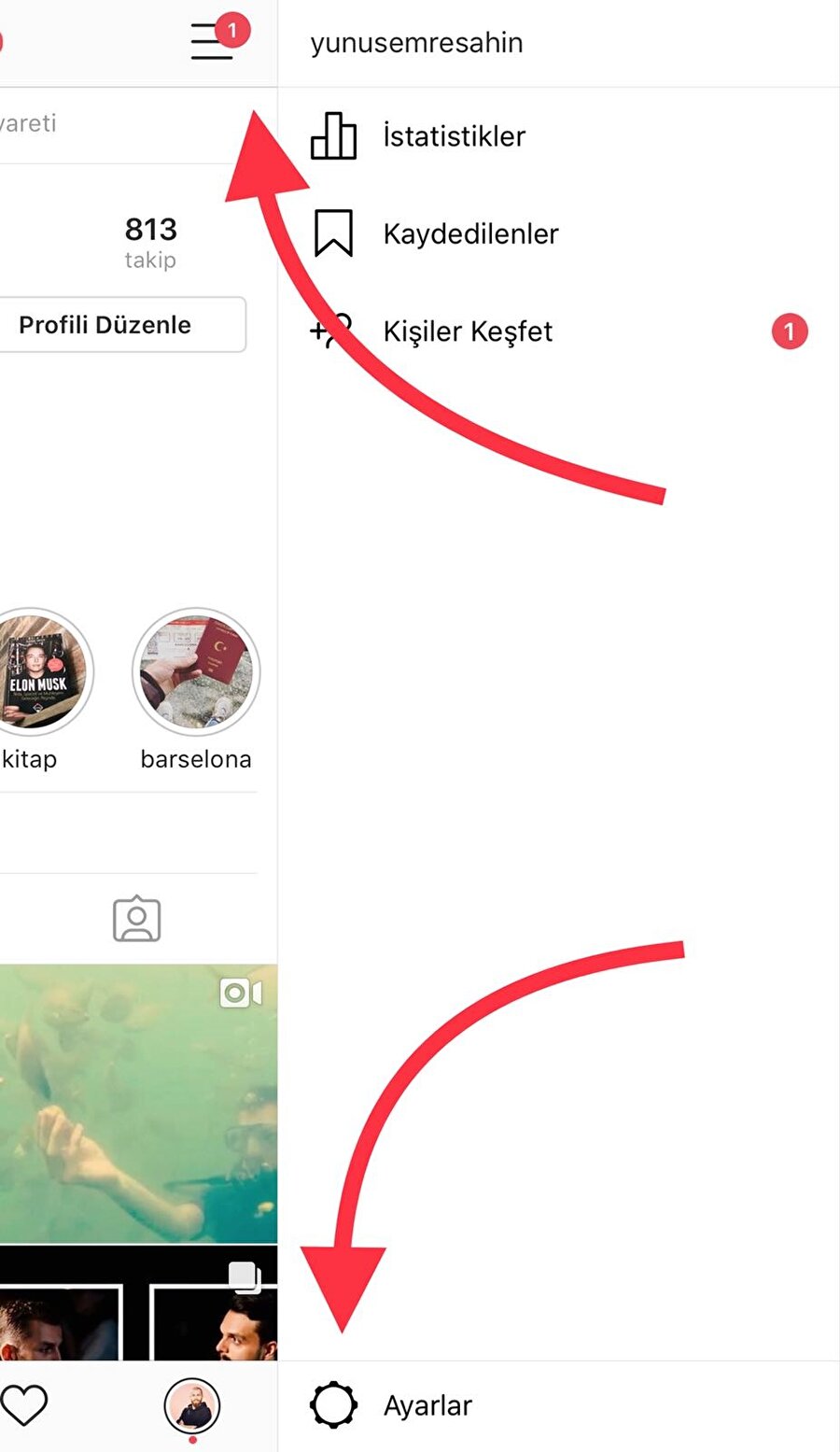 Instagram'da onaylı profil için ilk adım Ayarlar bölümüne erişmek.