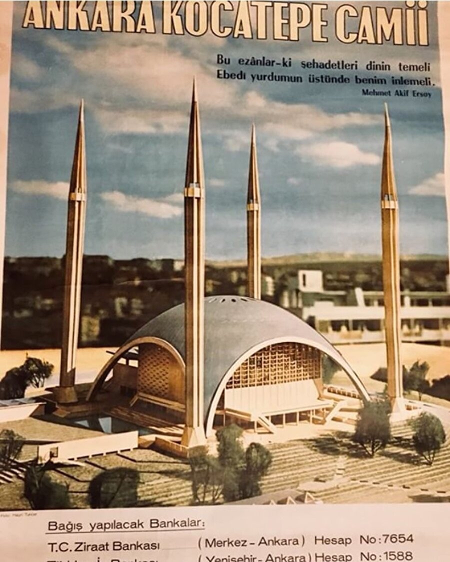 Vedat Dalokay'ın Kocatepe Camii projesinin kullanıldığı bir yardım toplama afişi.