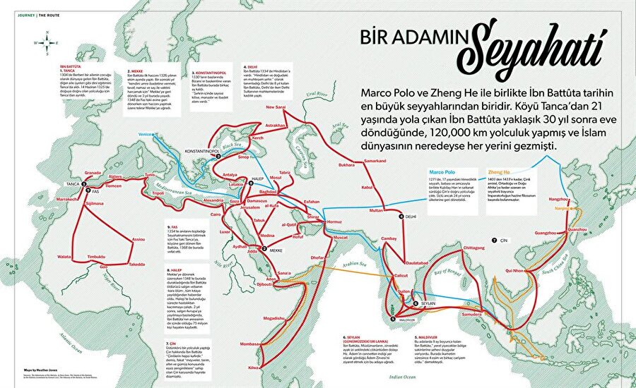 İbn Battuta dünyanın en büyük seyyahları olarak bilinen Marco Polo ve Zheng He'den daha uzun bir yolculuk gerçekleştirmiştir.