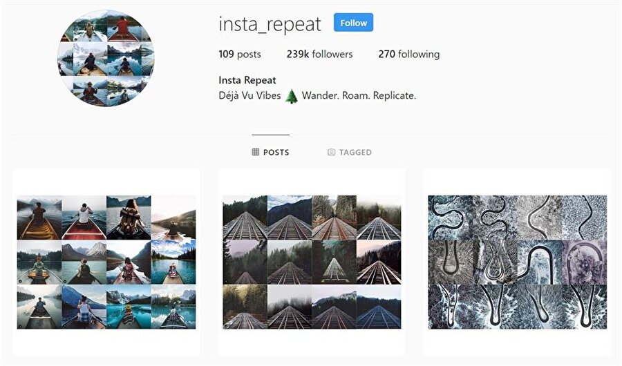 Insta Repeat, dünyanın dört bir yanından paylaşılan -neredeyse- birebir aynı fotoğrafların ortaya çıkmasını sağlıyor. Bu hesap aslında temelde Instagram'da sürekli aynı fotoğrafların paylaşıldığını kanıtlıyor. 
