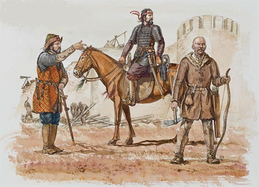 10. yüzyılda İdil Bulgar savaşçılarının kıyafet ve teçhizatlarını gösteren bir resim.