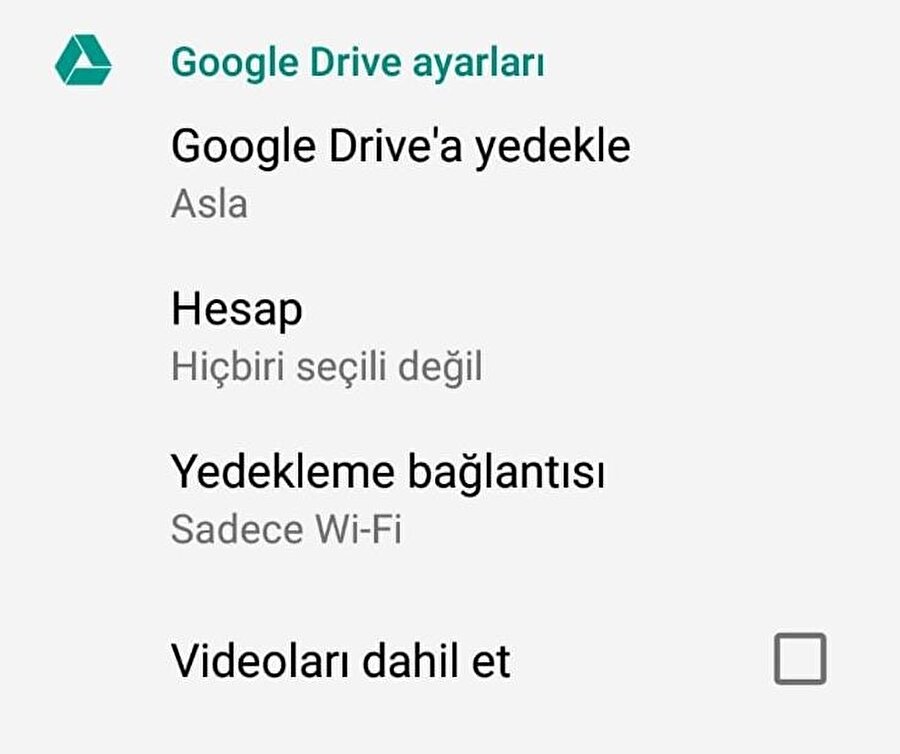 Yedek almadan önce Google Drive'ın ayarları da değiştirilebiliyor. 