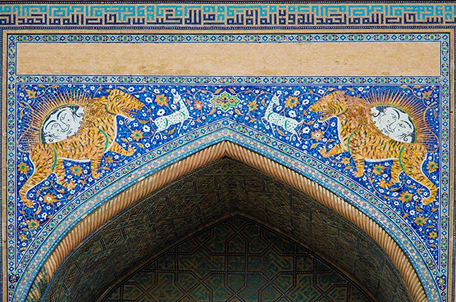 Medreseye ismini kapısının üzerindeki kaplan ve güneş motifleri veriyor. Esasında "şir", "aslan" demek, ancak yerli ahali, binayı bu isimle anmayı uygun bulmuş. 