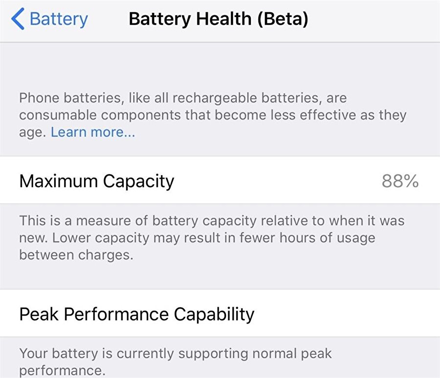 Beta aşamasındaki Battery Healt seçeneği üzerinden bataryanın maksimum kapasitesi görüntülenebiliyor. 