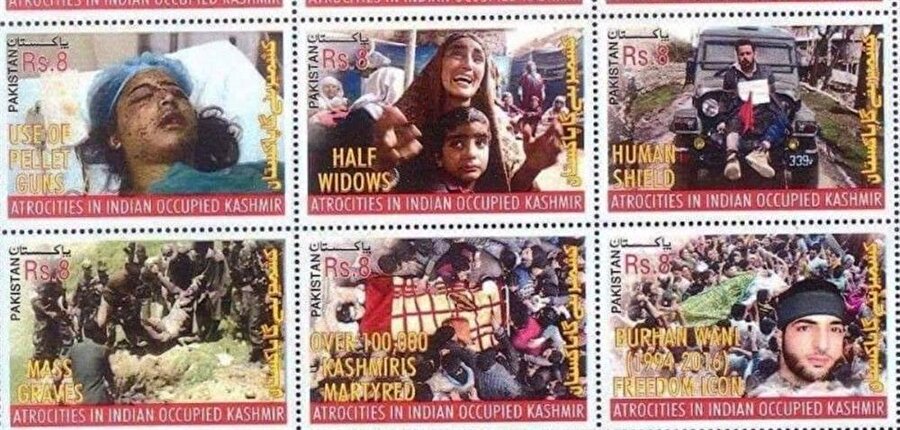 Pakistan posta idaresi, Keşmir'de Hindistan'ın imza attığı katliam ve saldırılarla ilgili hatıra pulları bastırdı.