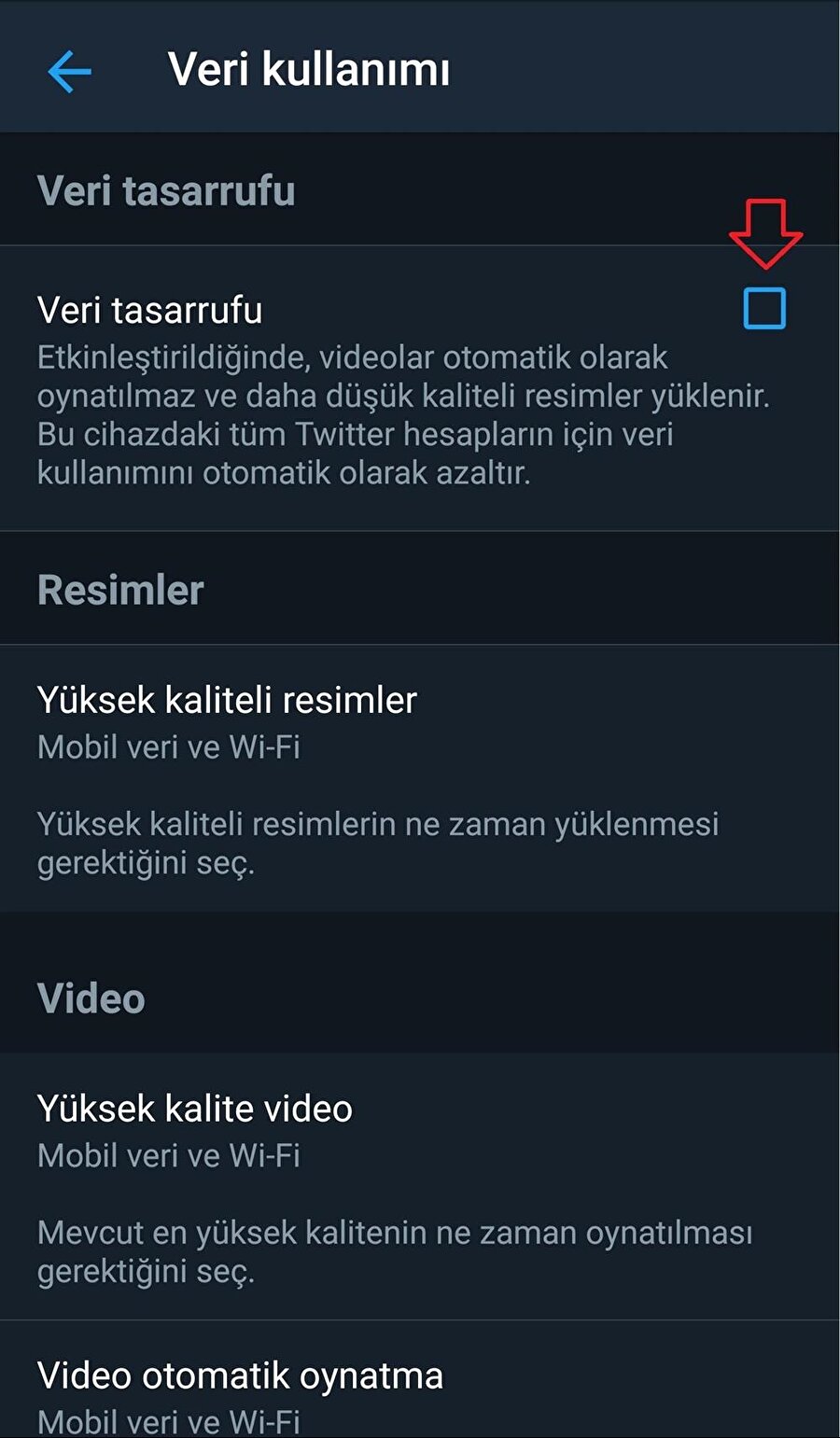 İkinci aşamada açılan yeni sekmede en üst satırda yer alan 'veri tasarrufu' sekmesi 'işaretlenmeli.'