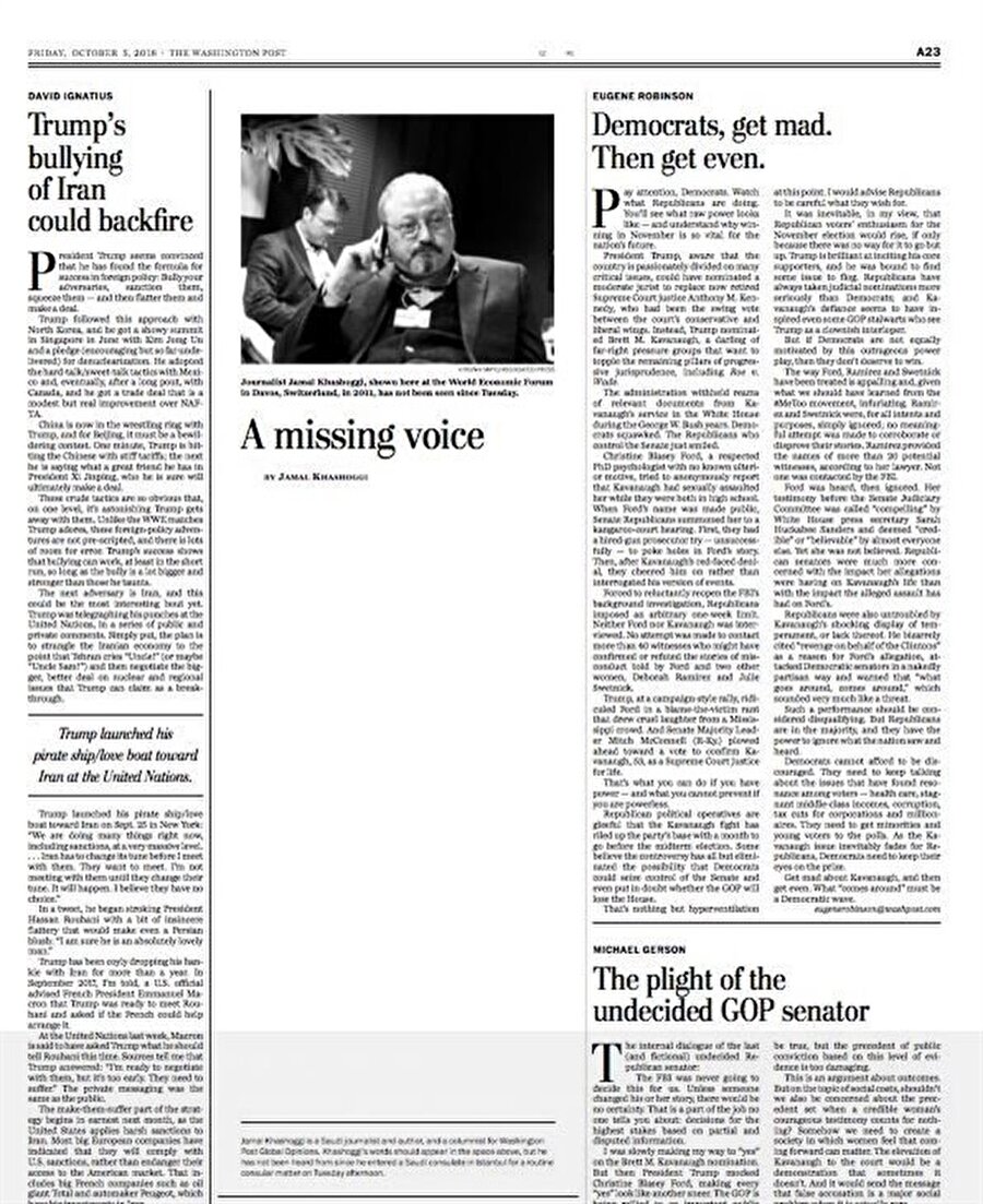 Cemal Kaşıkçı'nın Washington Post'ta yer alan köşesi boş bırakıldı.