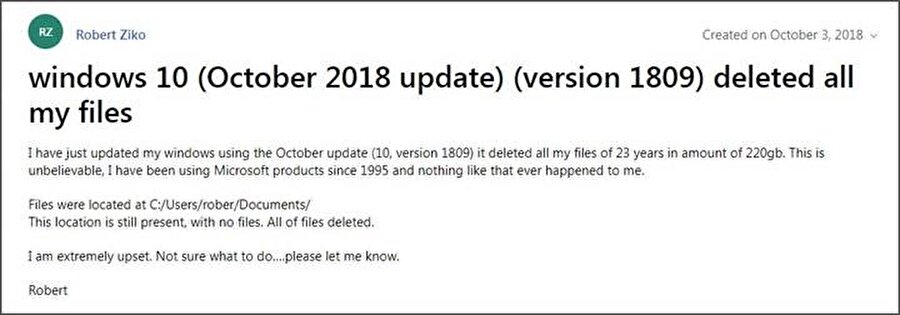 Windows 10 Ekim güncellemesini yükleyen kullanıcılar dosyaların silinmesinden fazlasıyla şikayet ediyor. 
