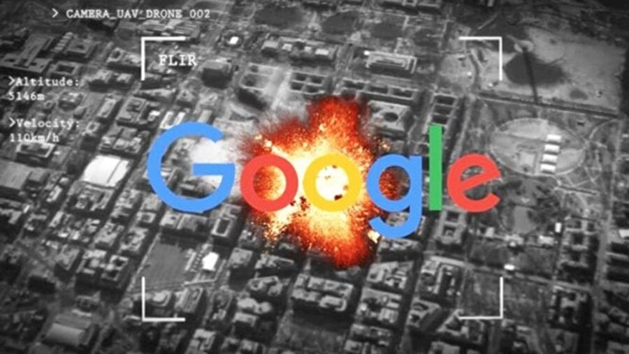 Google için yapılmış savaş illustrasyonu. Google'ın savaş dinamikleri konusunda yaptığı anlaşmalar, kamuoyu tarafından sürekli olarak eleştiriliyor. 