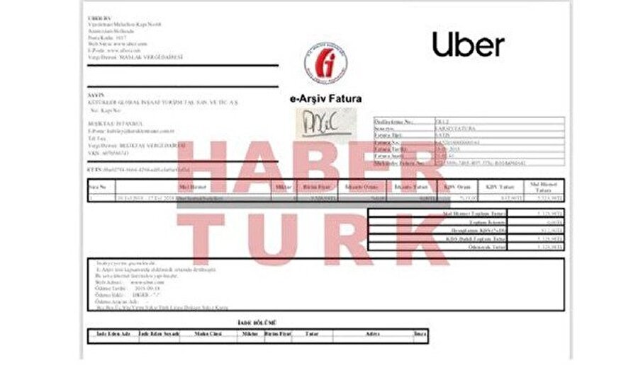 Uber'in vergi verdiğini gösteren ve HaberTürk tarafından sızdırılan resmî belge. 