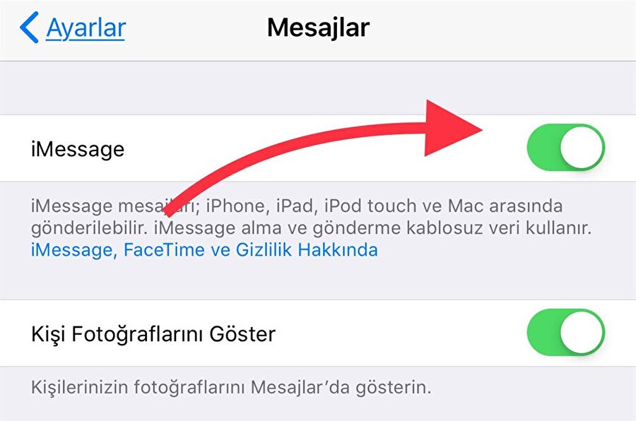 Mesajlar bölümünde ise devreye iMessage'ı pasif hale getiren düğme giriyor. Çentik sola doğru kaydırıldığında iMessage devre dışı kalıyor. 