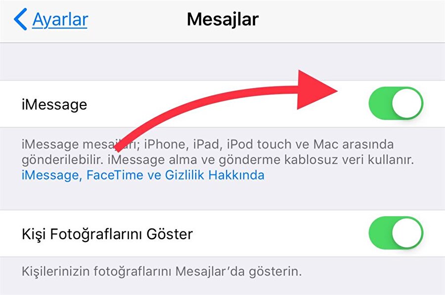 Mesajlar bölümünde ise devreye iMessage'ı pasif hale getiren düğme giriyor. Çentik sola doğru kaydırıldığında iMessage devre dışı kalıyor. 