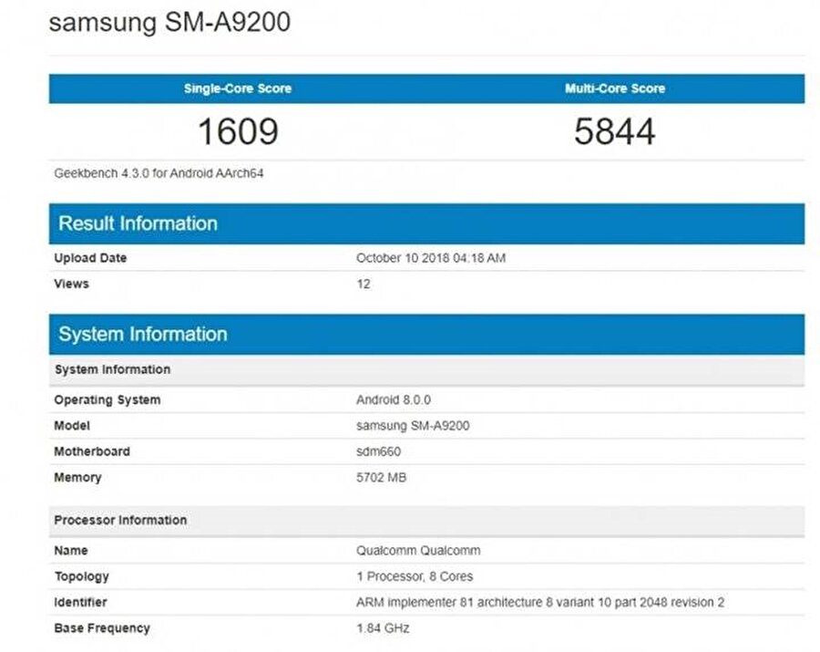 Geekbench testlerine göre Samsung Galaxy A9'un tek çekirdekte elde ettiği rakam 1609 puan. Öte yandan çift çekirdekte ise bu rakam 5844. 