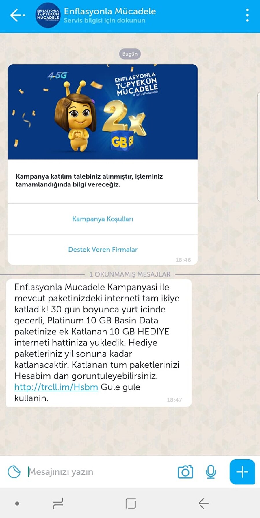 Turkcell, BIP kullanıcılarına 'özel açılan kanal' ve mesaj yoluyla kampanyayı iletti. 