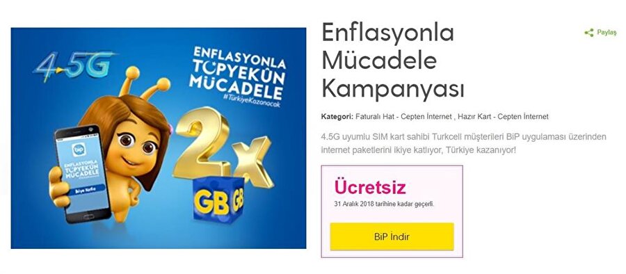 Turkcell'in Enflasyonla Mücadele kapsamında hazırladığı bu proje, 4.5G uyumlu SIM kart sahiplerinin BİP uygulamasını indirmesiyle mümkün hale geliyor. 