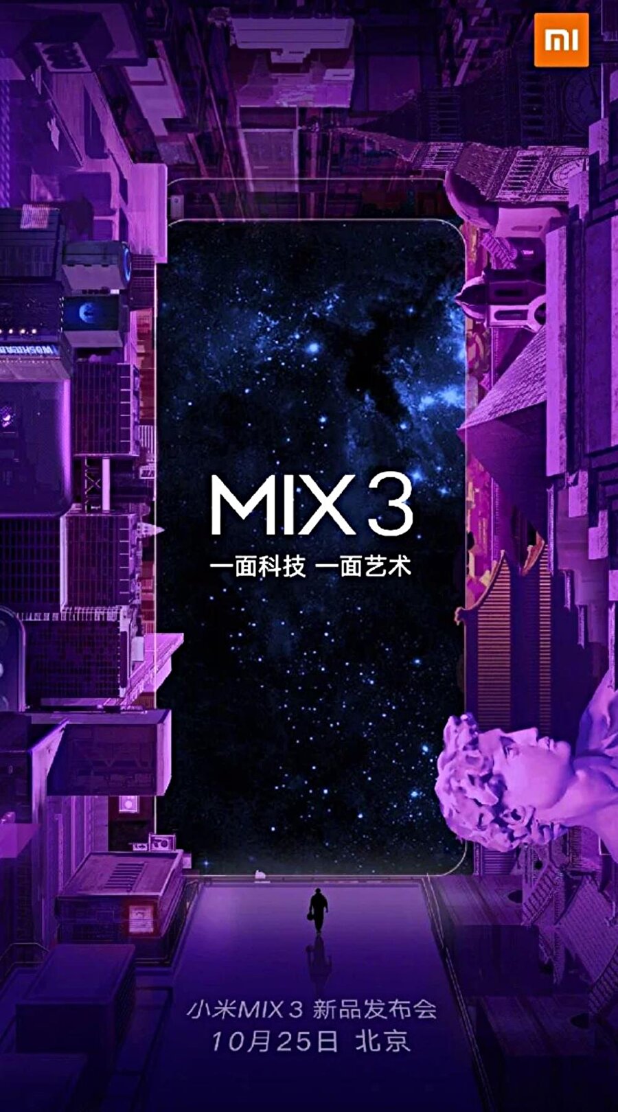 Xiaomi Mi Mix 3'ün basın davetiyesi ise bu şekilde. Alt bölümde az önce de bahsettiğimiz tanıtım tarihi de görülebiliyor. 