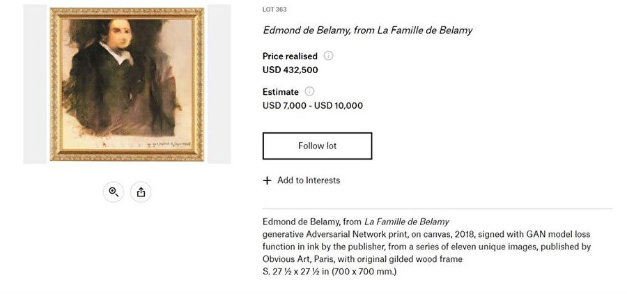Web sayfasında da fiyatlandırmaya ilişkin detaylar görülebiliyor. Normalde 7 bin dolar ile 10 bin dolar arasında satılması beklenen tablo 432.500 dolara satılmış durumda. 