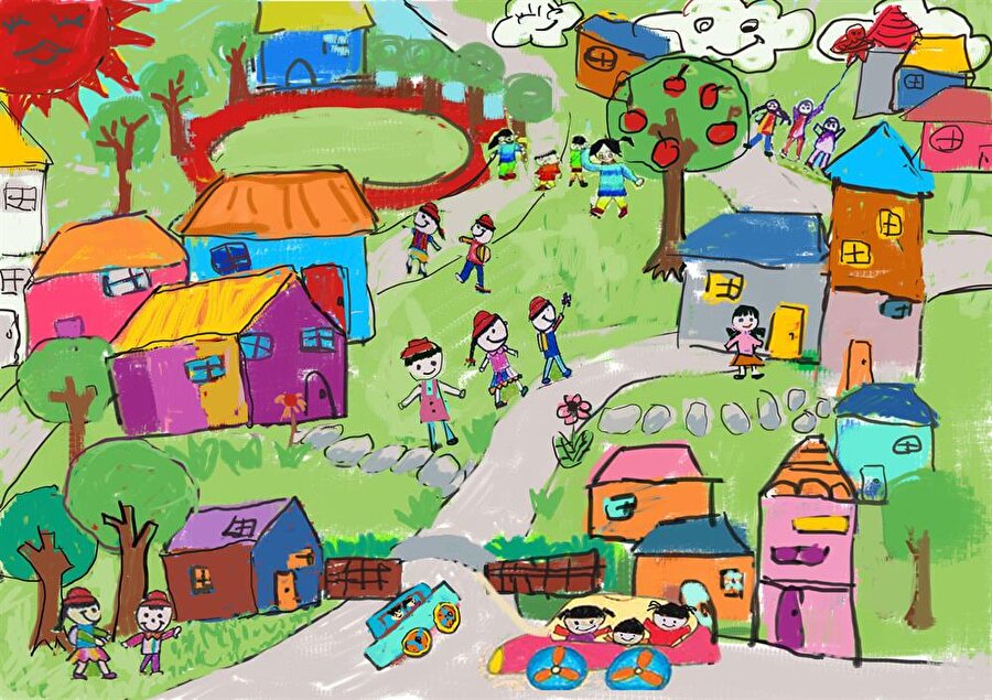 Bir çocuğun hayalindeki okul ortamını resmettiği bu çizimden ilham alınarak, dev proje hayata geçirildi.