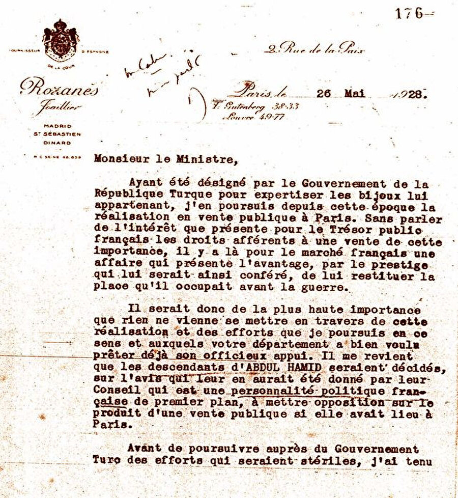 Topkapı Sarayı’ndaki mücevherlerin satıı hakkında Rozanes mücevher şirketinin Fransız Dışişleri Bakanlığı’na gönderdiği mektuplardan biri (Fransız Dışişleri Bakanlığı Arşivi (La Courneuve), Levant-E.349/176).