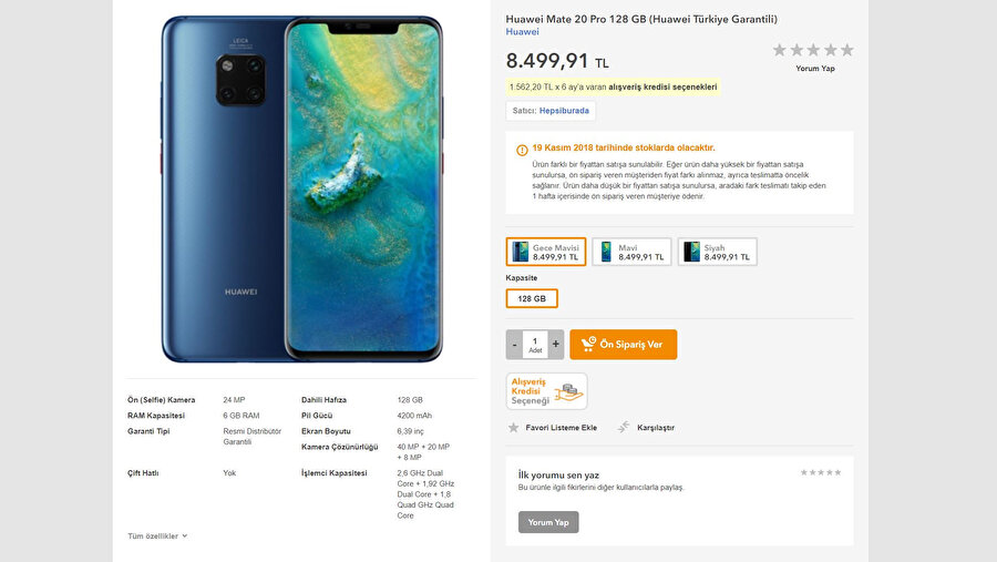 Huawei Mate 20 Pro'nun Türkiye'deki fiyatı HepsiBurada.com'da 8499 TL olarak listelendi. 