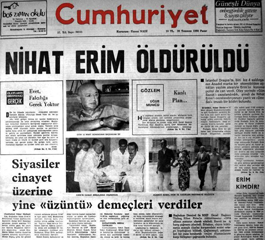 Eski Başbakan Nihat Erim'e düzenlenen suikasti, Cumuriyet Gazetesi böyle vermişti.