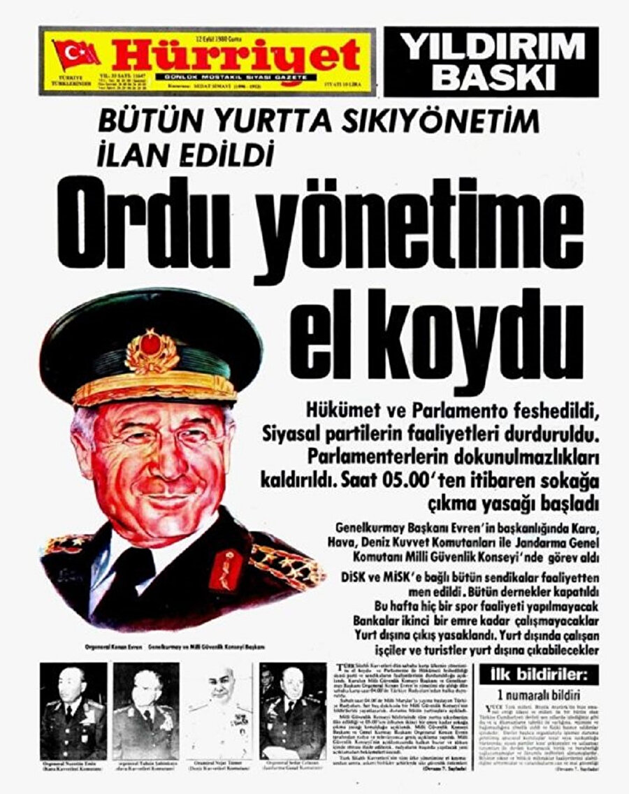 12 Eylül 1980 darbesi sabahı Hürriyet Gazetesinin manşeti.