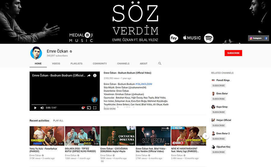Emre Özkan'a ait olan YouTube kanalının toplam takipçi sayısı 340 bin.