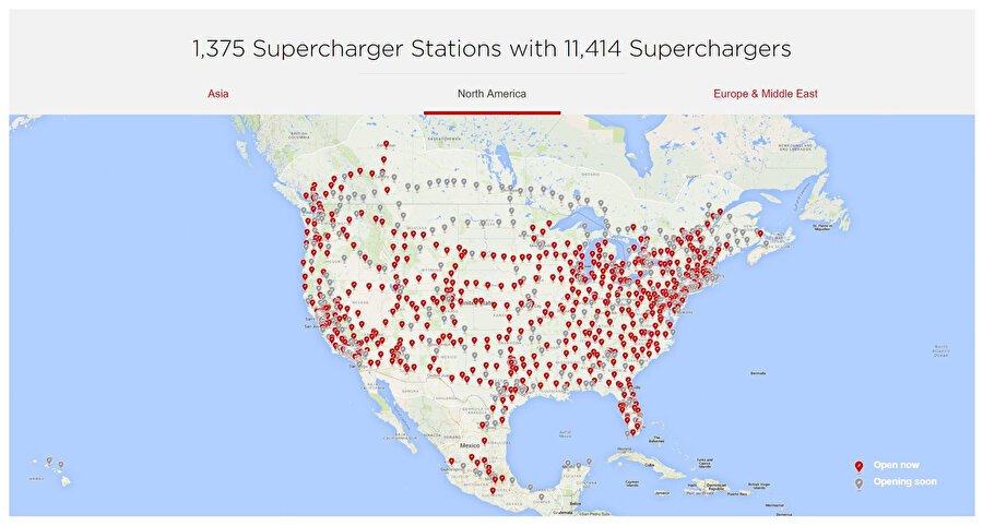 Şu anda Tesla'nın toplamda 11414 elektrikli şarj istasyonu var. 