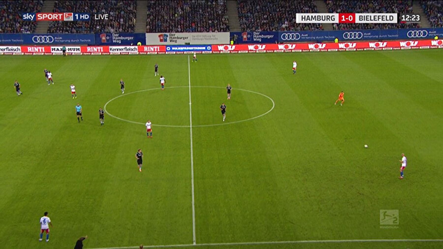 Hamburg - Bielefeld maçında ev sahibi takımın sahaya yayılışı.