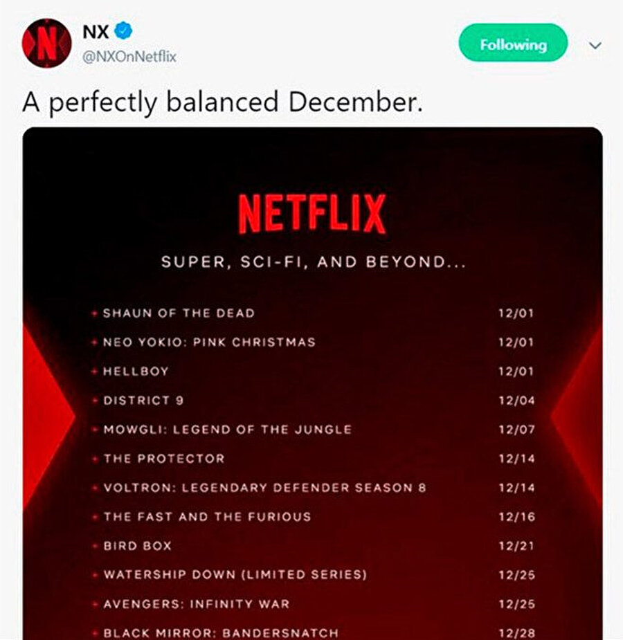 Netflix'in paylaştığı görselde Aralık ayında çıkacak yeni içerikler görülebiliyor. 