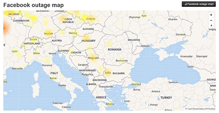 Facebook kesinti haritasından dünya genelindeki aksaklıkların yaşandığı ülkeleri takip edebilmek mümkün.