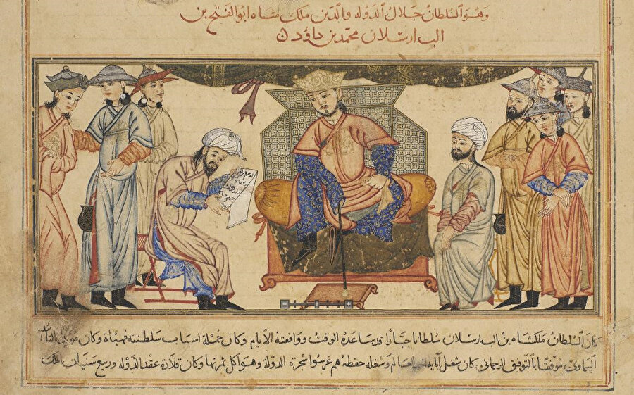 Reşîdüddîn Fazlullah el-Hemedânî’nin Edinburg Üniversitesi Kütüphanesi’ndeki Arapça Câmiu’t-tevârîh’inde yer alan bir minyatürde Sultan Melikşah.