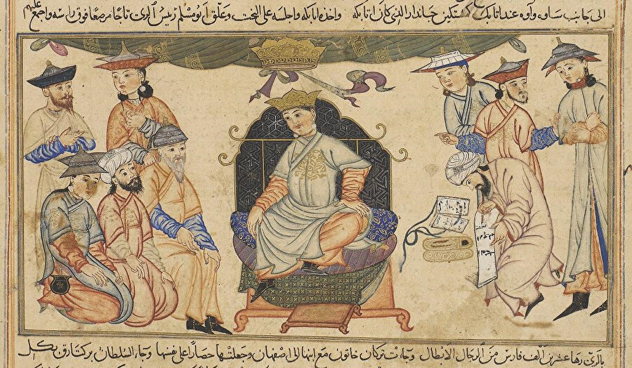 Reşîdüddîn Fazlullah el-Hemedânî’nin Edinburg Üniversitesi Kütüphanesi’ndeki Arapça Câmiu’t-tevârîh’inde yer alan bir minyatürde Sultan Berkyaruk.