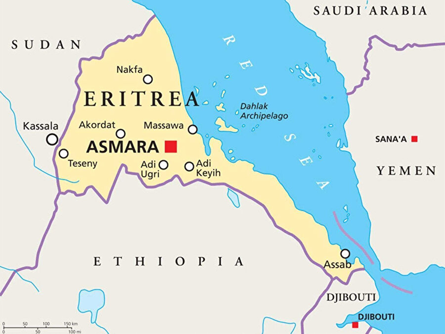 Batıda Sudan, güneyde Etiyopya ve güneydoğusunda Cibuti ile çevrilen Eritre'nin karşısında Suudi Arabistan ve Yemen var.