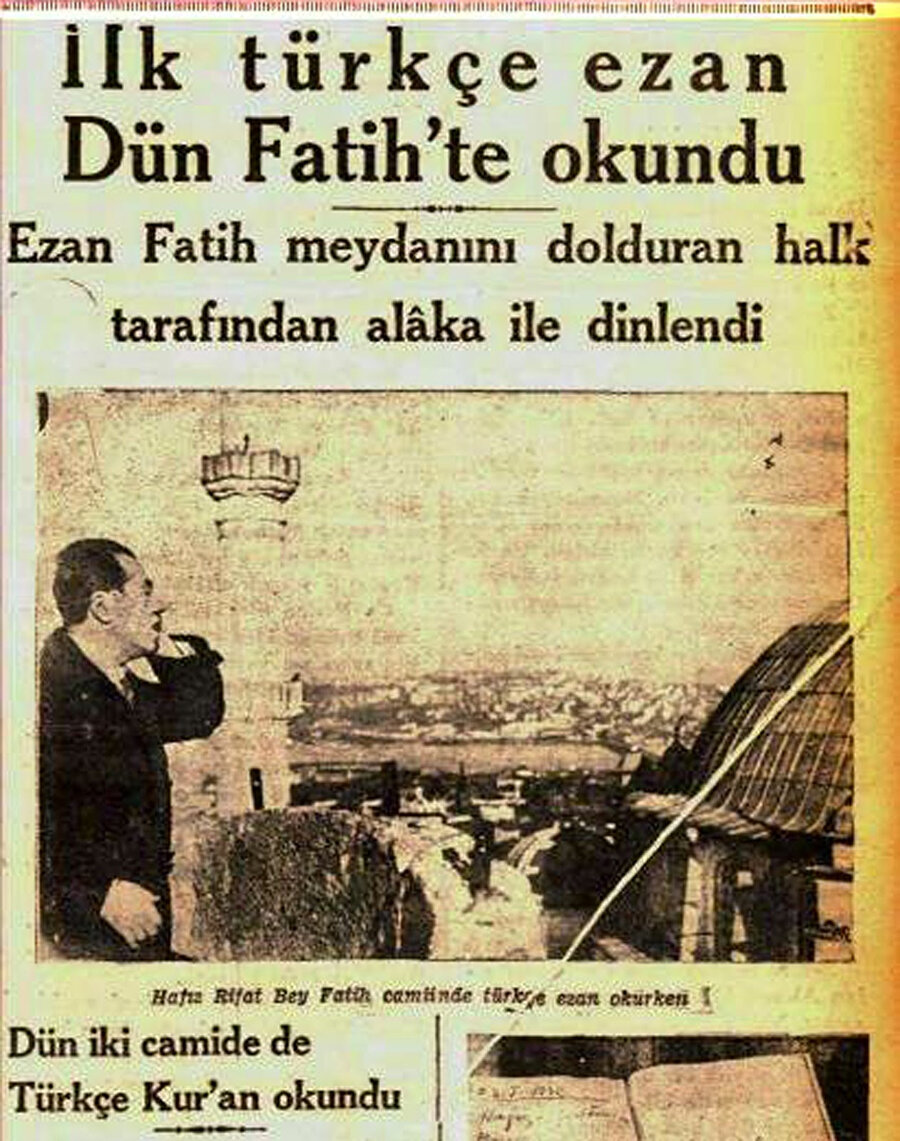İlk okunan Türkçe ezana ait bir gazete kupürü.