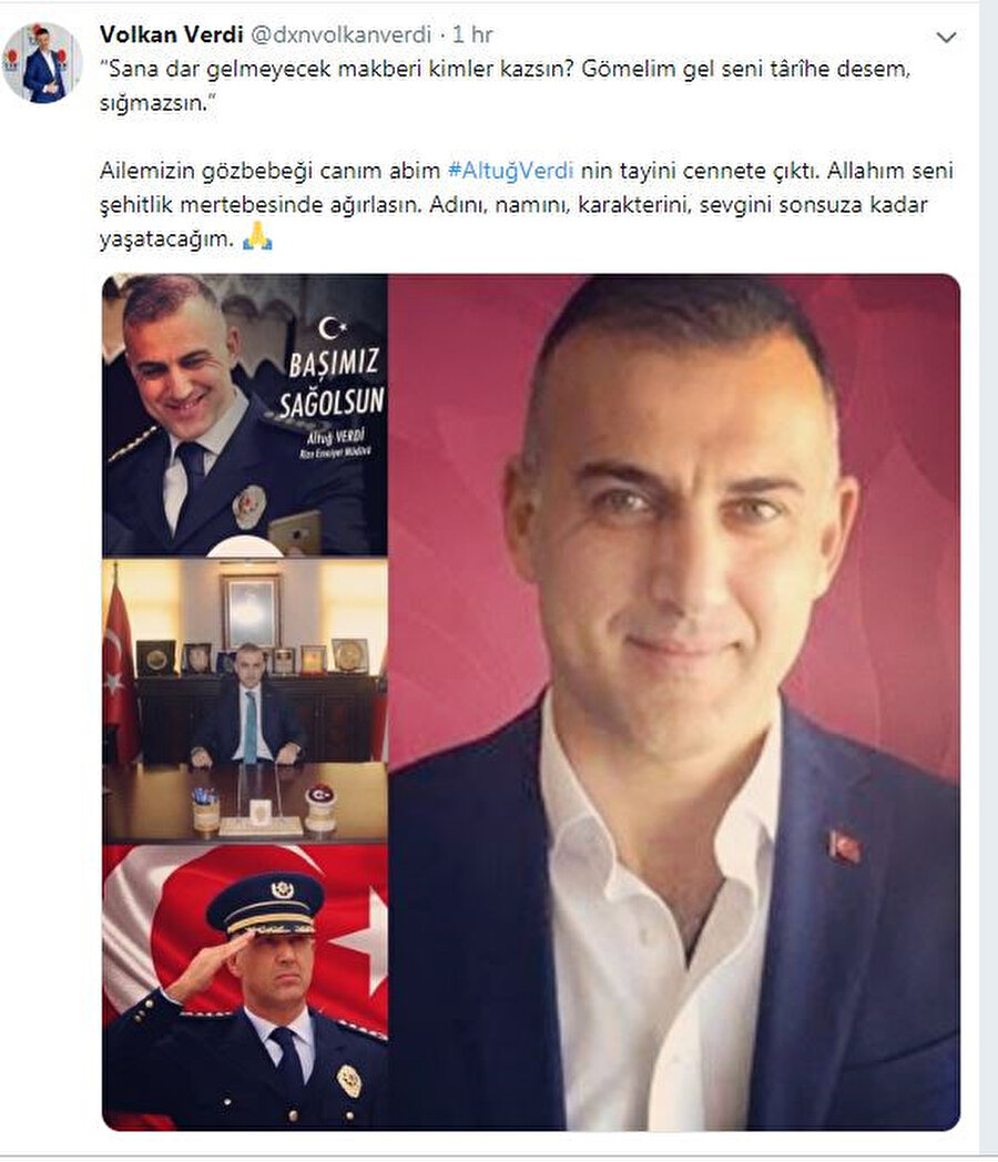 Şehit Emniyet Müdürü Verdi'nin kardeşi sosyal medya hesabından bir taziye mesajı yayımladı.