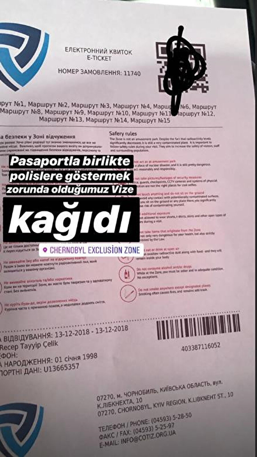 Çernobile girişte pasaportla birlikte polislere gösterilen vize kağıdının görseli