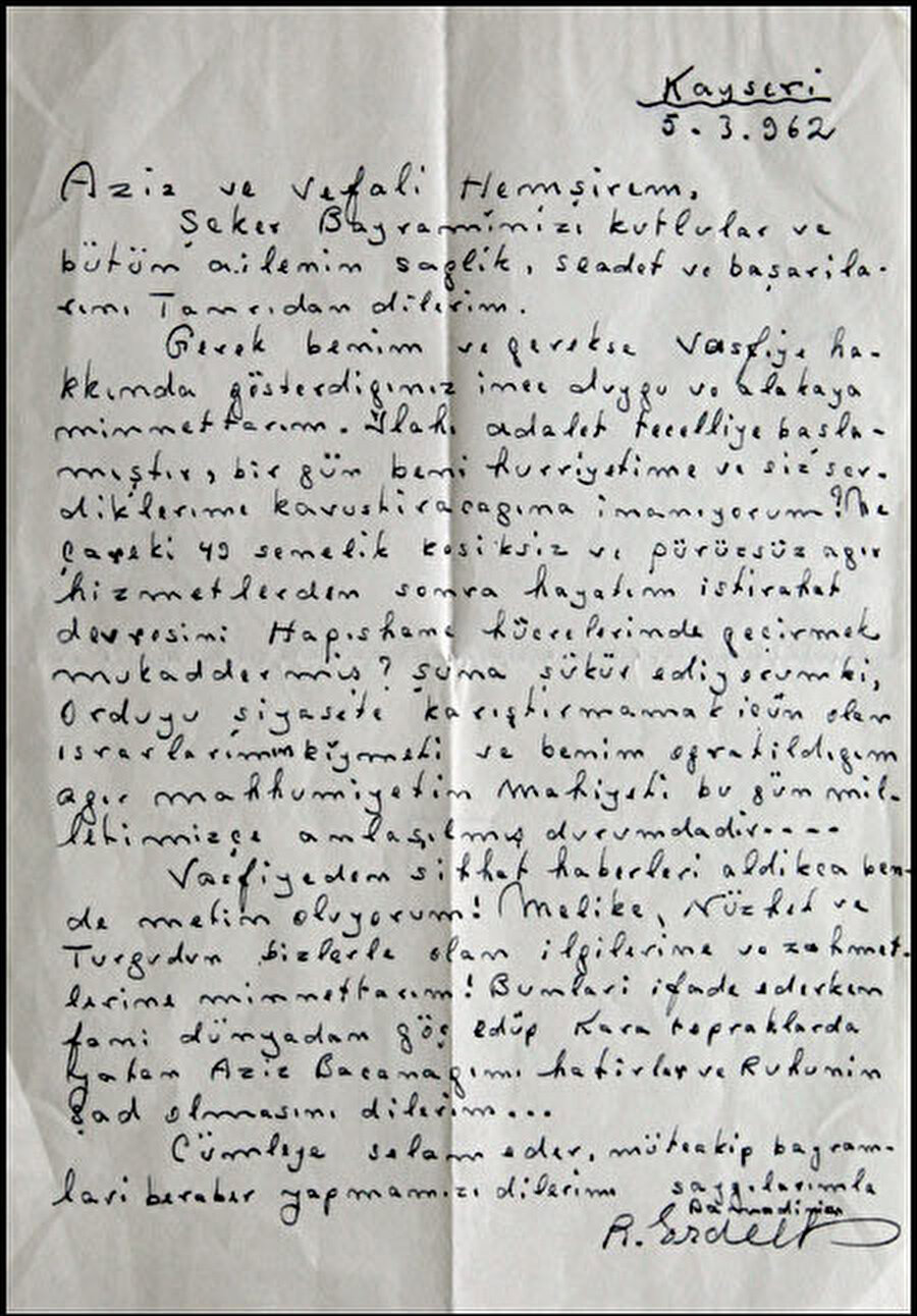 Org. Rüştü Erdelhun'un kendi el yazısıyla yazdığı bir mektup.