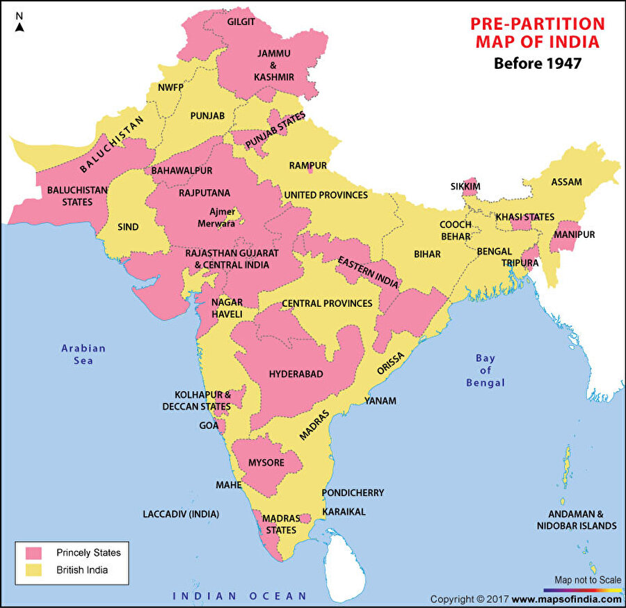 1947'den önce, İngilizlerin kontrolünde Hindistan bölgelerini gösteren bir harita.n