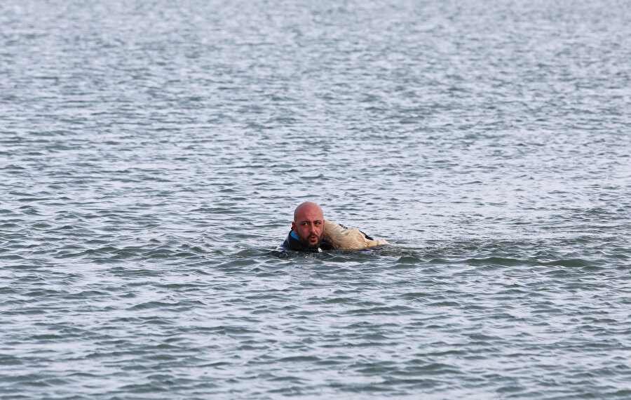 Polis Burak Ökten göle atlayarak yavru köpeği kurtardı.
