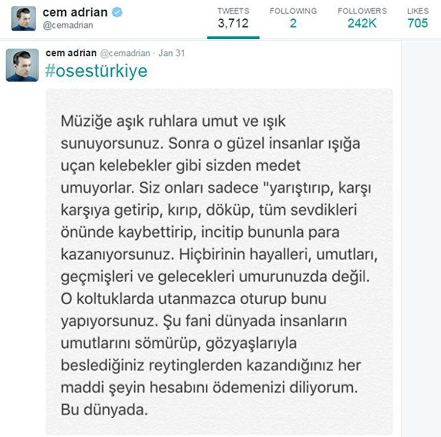 Cem Adrian'ın O Ses Türkiye ile ilgili attığı tweet