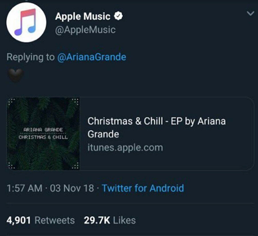 Apple Music tarafından gönderilen 'Android kaynaklı' tweet. 