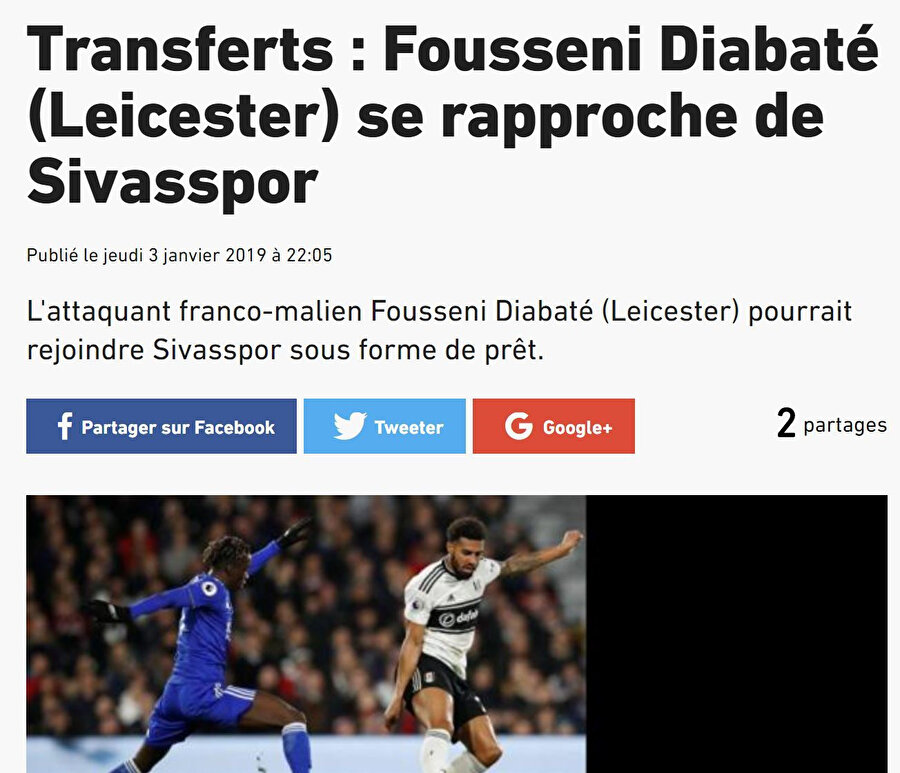 L'Equipe transfer haberini, 'Diabate Sivasspor'a yaklaşıyor' başlığı ile duyurdu.