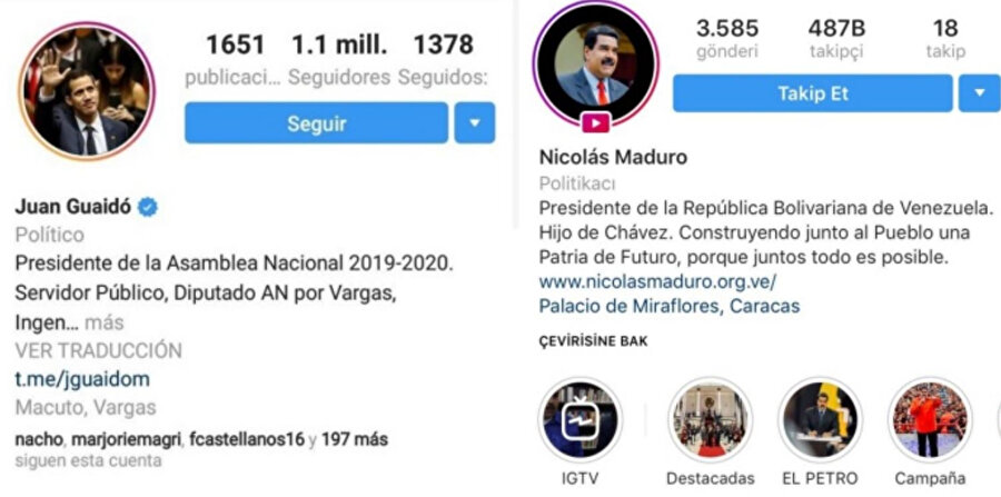 Guaido ve Maduro'nın Instagram hesapları bu şekilde. Guaido'da mavi tik yer alırken Maduro'nun mavi tikinin alındı.