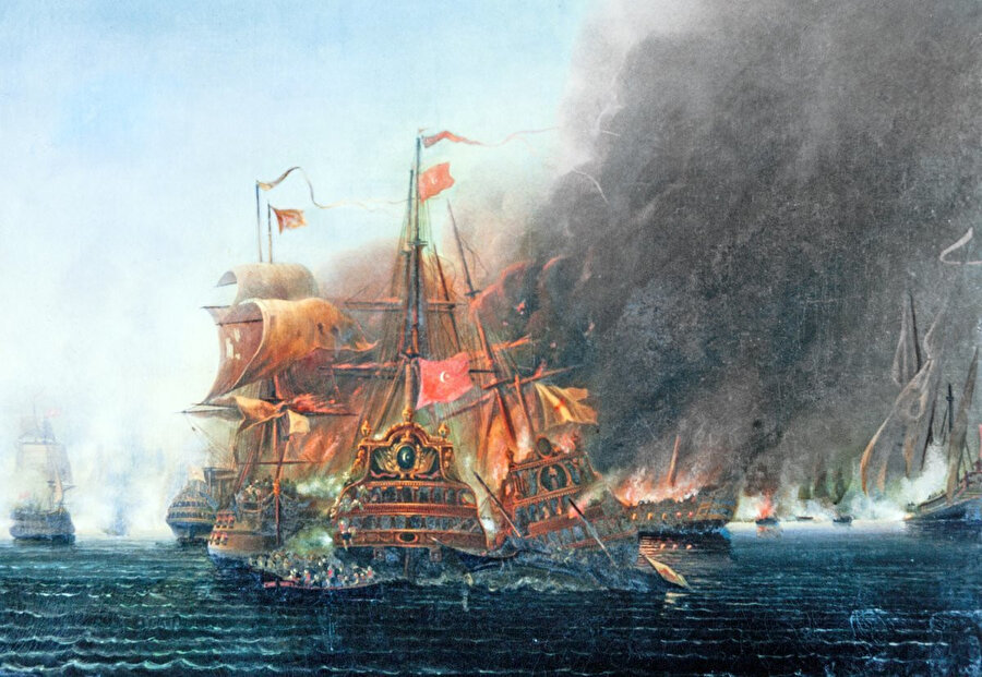 Cerbe Deniz Muharebesi’ni tasvir eden Nûri Paşa’nın yağlı boya tablosu. (İstanbul Deniz Müzesi)