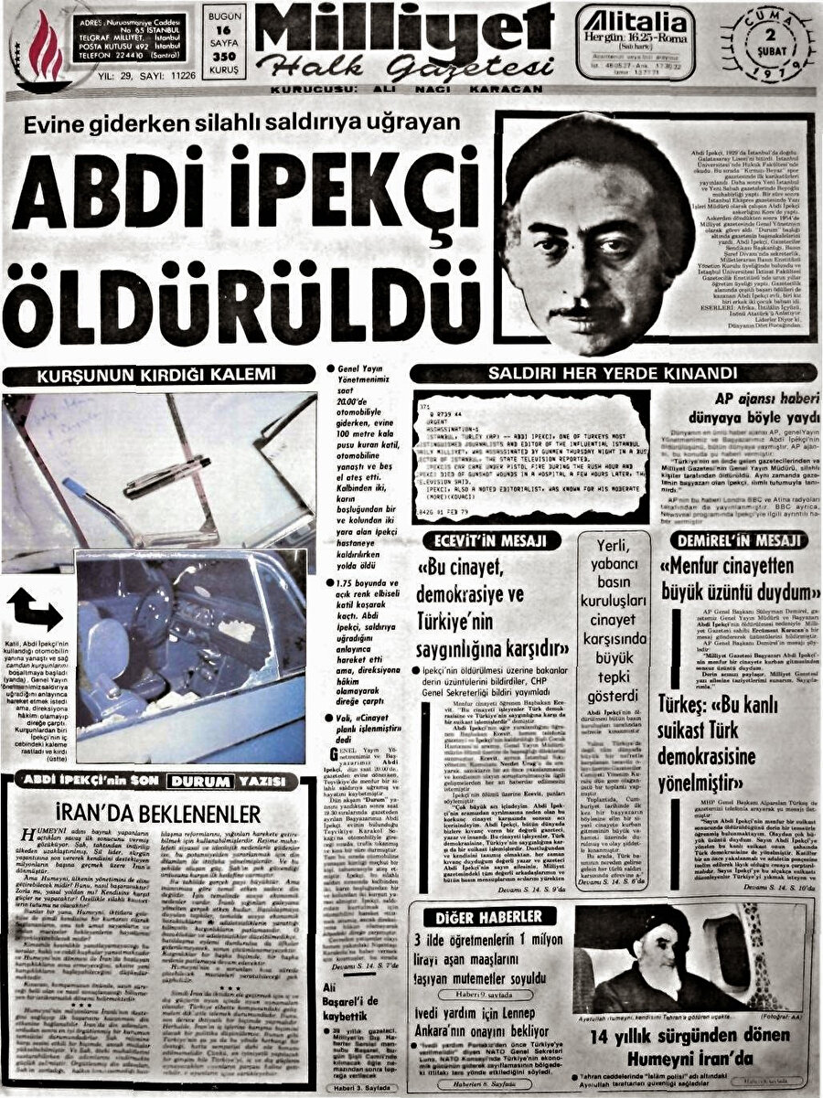 Abdi İpekçi'nin ölümü Milliyet'in manşetinden verilmişti.
