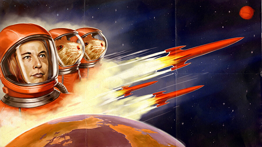 Elon Musk'ın Mars ve Uzay yolculuklarını temsil eden illustrasyon. 